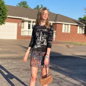 Pop culture rhinestone top and a hippie multi-patterned skirt! Fun and comfy!